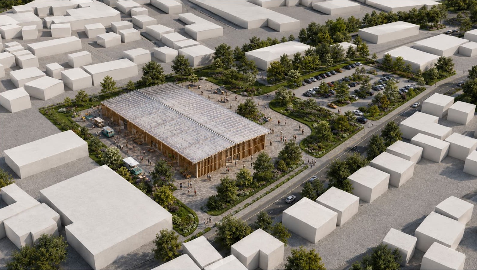 Luftbild der Markthalle im städtischen Block