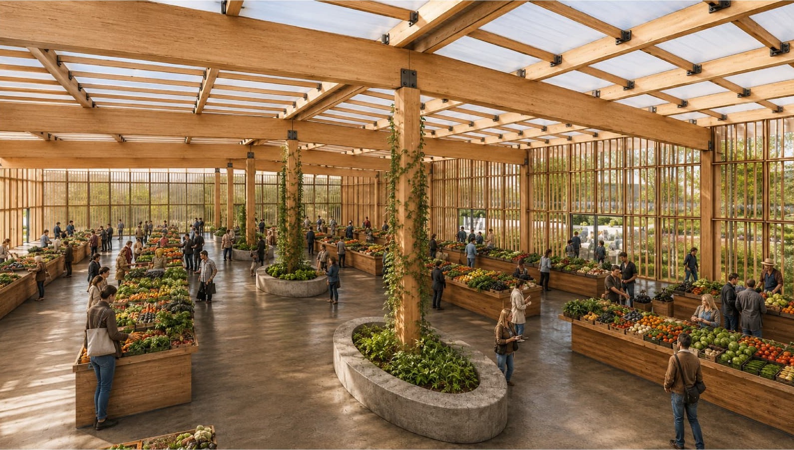 Innenvisualisierung der Markthalle mit Ständen unter dem Brettschichtholzdach