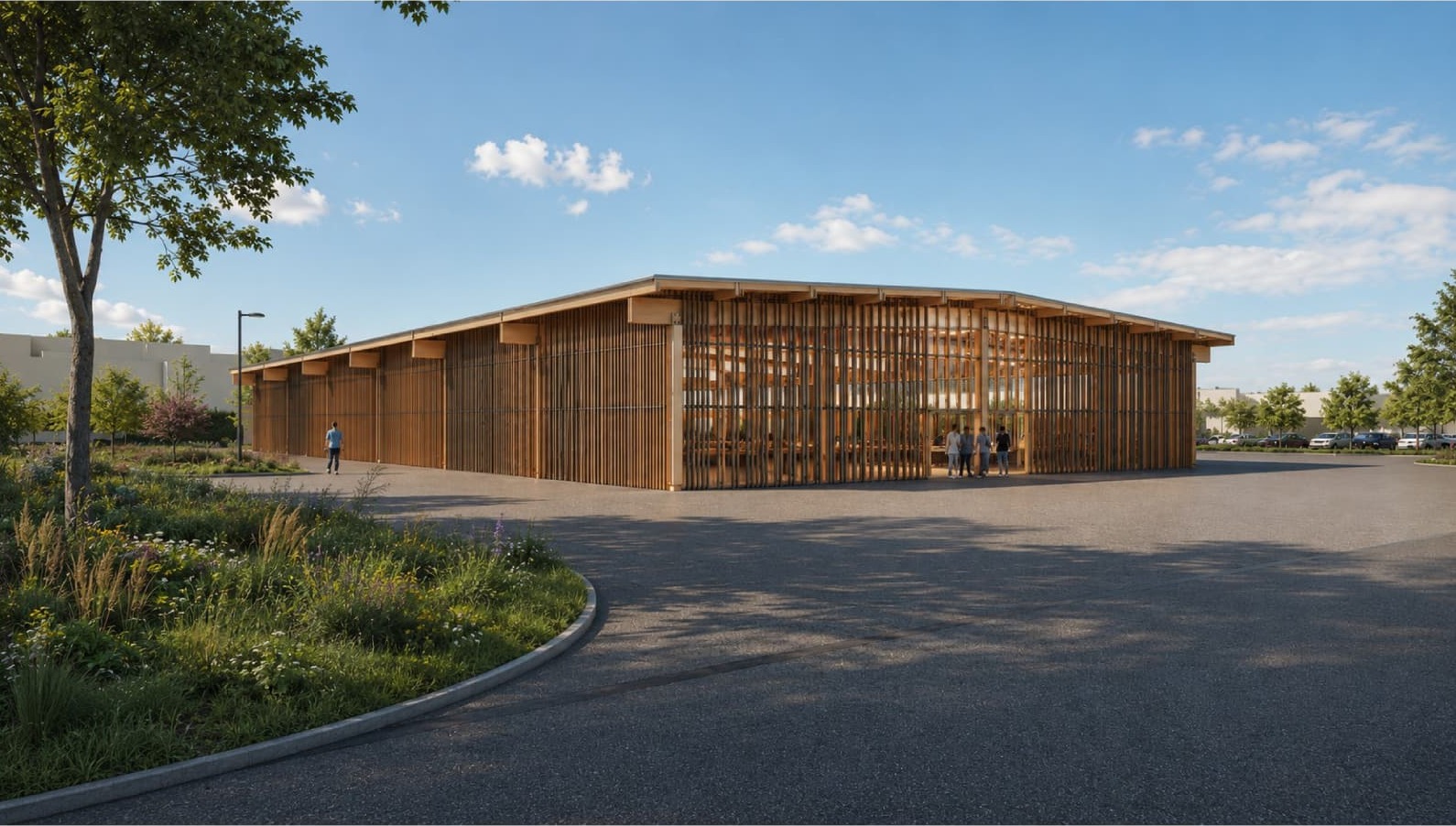 Aussenvisualisierung der Holzlamellenfassade am Abend