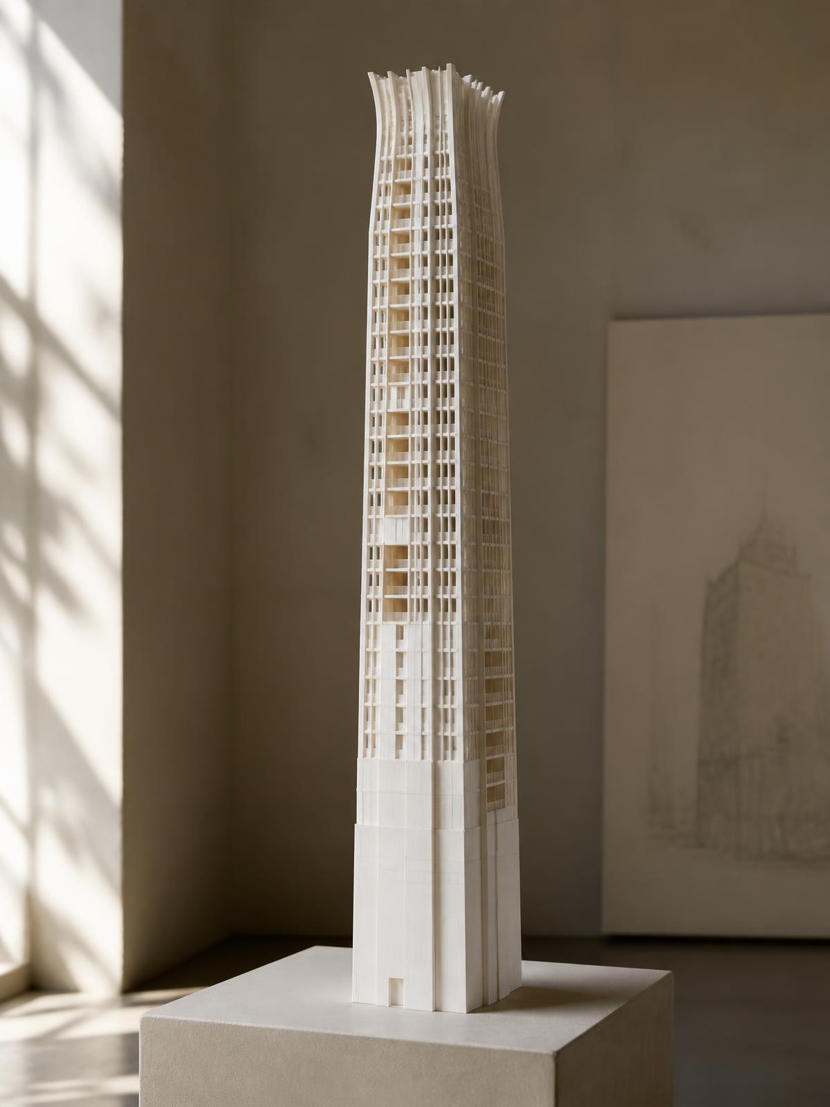 Hochhausmodell aus dem 3D-Druck auf Sockel