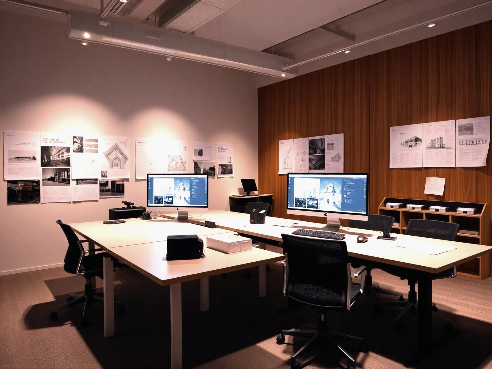 Innenansicht eines Architekturstudios mit Plänen